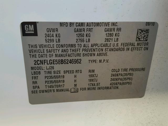 2CNFLGE58B6246962 - 2011 CHEVROLET EQUINOX LT WHITE photo 10