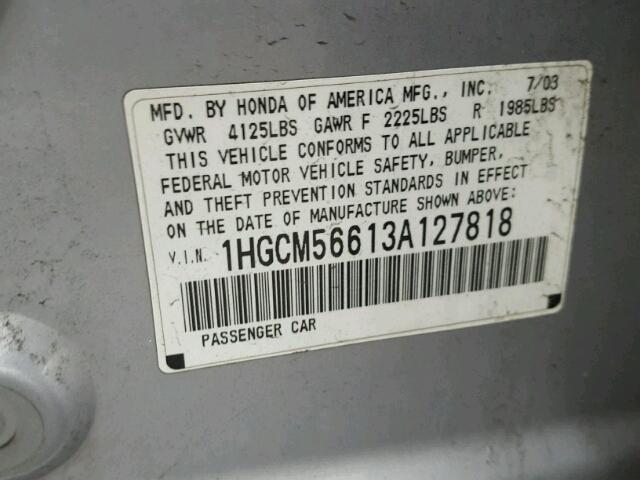 1HGCM56613A127818 - 2003 HONDA ACCORD EX SILVER photo 10