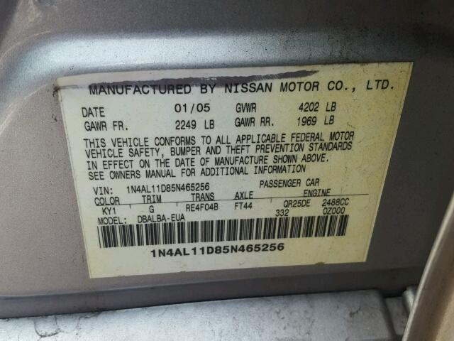 1N4AL11D85N465256 - 2005 NISSAN ALTIMA S SILVER photo 10