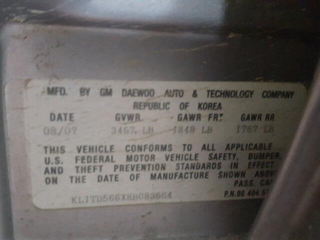 KL1TD566X8B083664 - 2008 CHEVROLET AVEO BASE SILVER photo 10