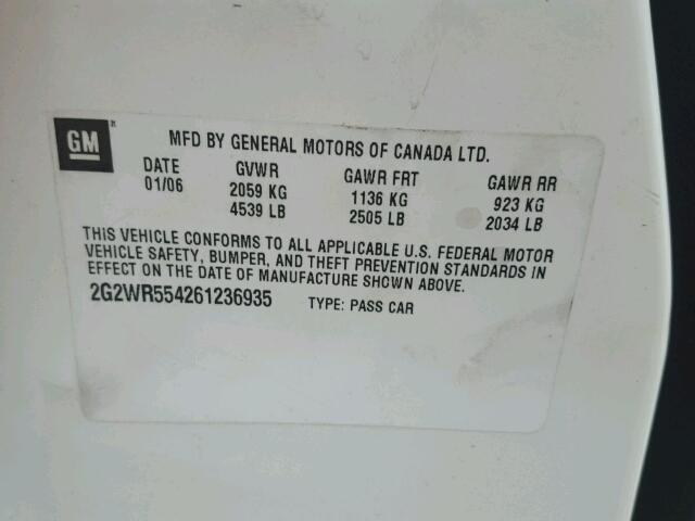 2G2WR554261236935 - 2006 PONTIAC GRAND PRIX Սպիտակ լուսանկար 10