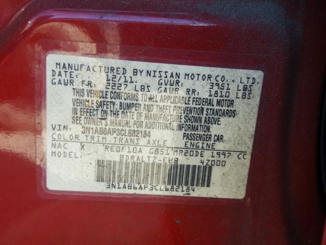 3N1AB6AP3CL682184 - 2012 NISSAN SENTRA 2.0 MAROON photo 10