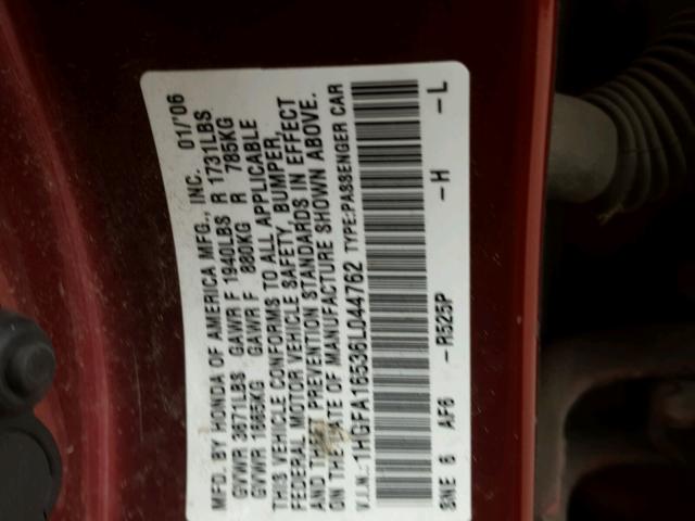 1HGFA16536L044762 - 2006 HONDA CIVIC LX RED photo 10