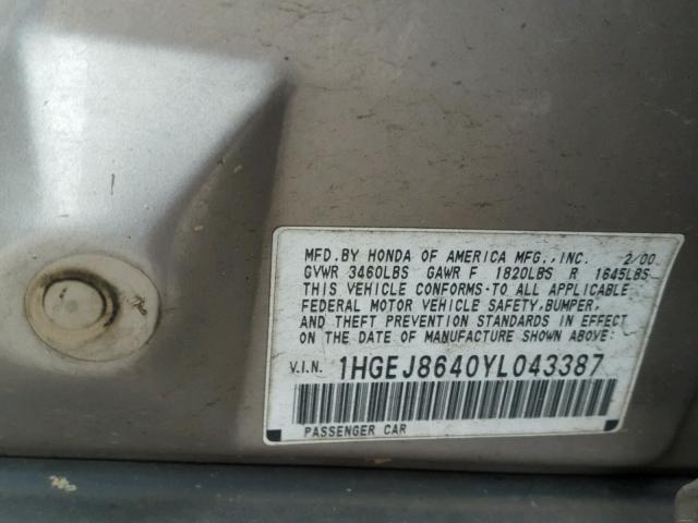 1HGEJ8640YL043387 - 2000 HONDA CIVIC EX 金色 照片 10