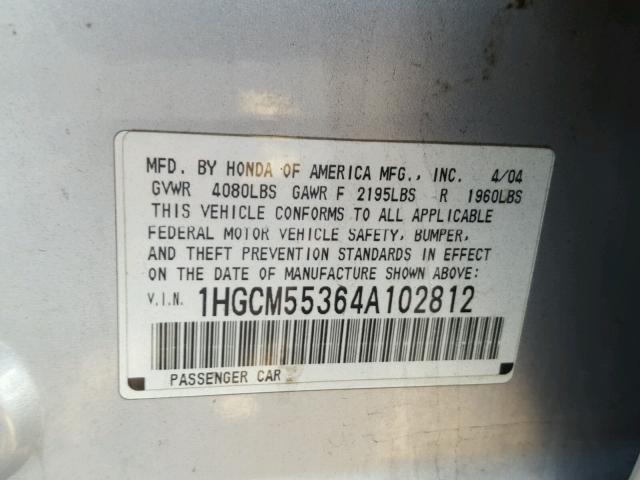 1HGCM55364A102812 - 2004 HONDA ACCORD LX SILVER photo 10