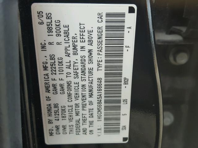 1HGCM56845A166648 - 2005 HONDA ACCORD EX BLACK photo 10