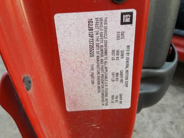 1G2JB12F737255220 - 2003 PONTIAC SUNFIRE RED photo 10