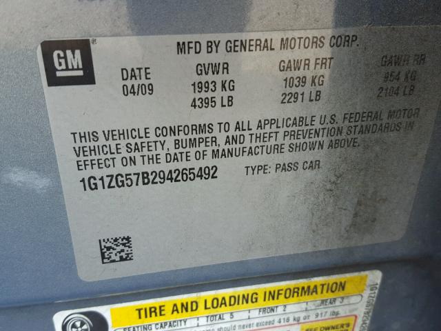 1G1ZG57B294265492 - 2009 CHEVROLET MALIBU LS BLUE photo 10