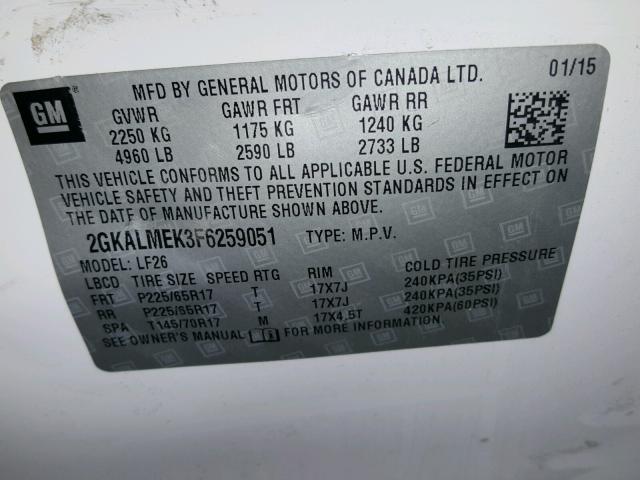 2GKALMEK3F6259051 - 2015 GMC TERRAIN SL WHITE photo 10