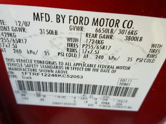 1FTRF12248KC52053 - 2008 FORD F150 RED photo 10