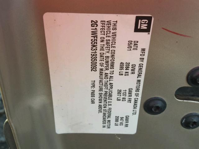 2G1WF55K319350092 - 2001 CHEVROLET IMPALA GOLD photo 10