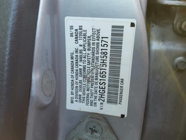 2HGES16515H581571 - 2005 HONDA CIVIC LX SILVER photo 10