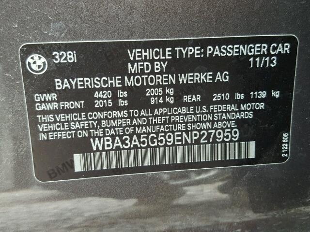 WBA3A5G59ENP27959 - 2014 BMW 328 I CHARCOAL photo 10