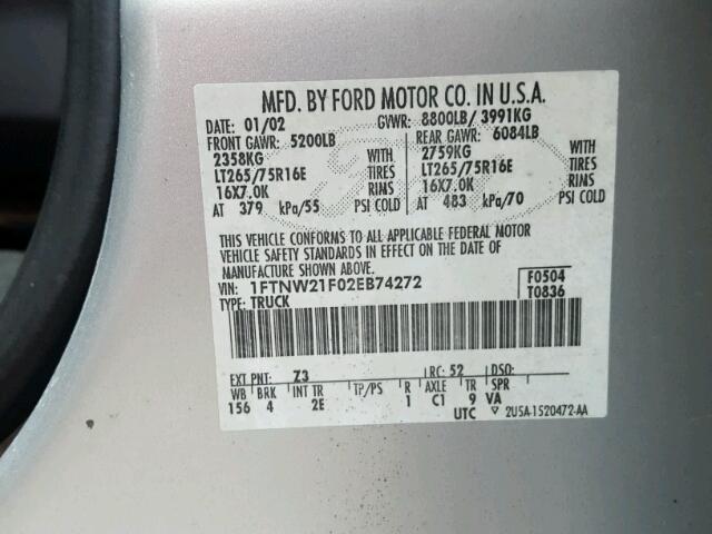 1FTNW21F02EB74272 - 2002 FORD F250 SUPER SILVER photo 10