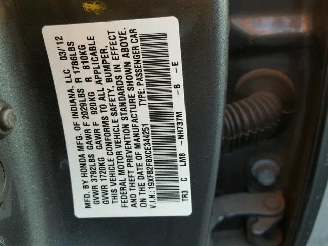 19XFB2F8XCE344251 - 2012 HONDA CIVIC EX GRAY photo 10