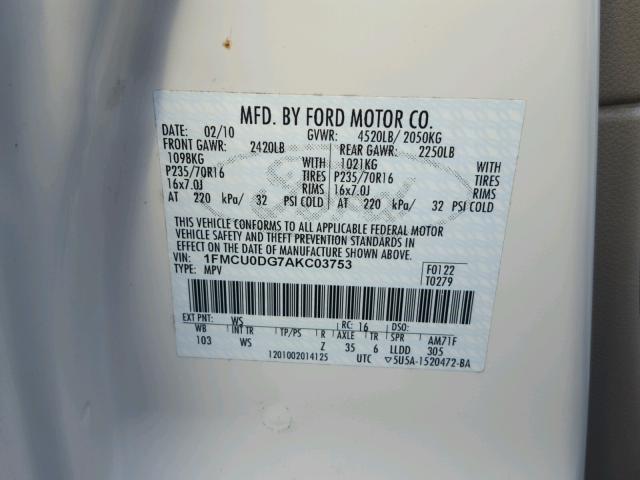 1FMCU0DG7AKC03753 - 2010 FORD ESCAPE XLT WHITE photo 10