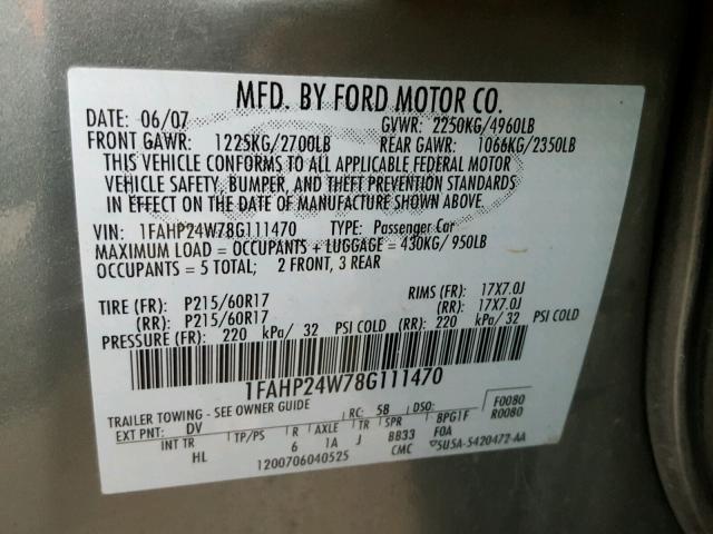 1FAHP24W78G111470 - 2008 FORD TAURUS SEL SILVER photo 10