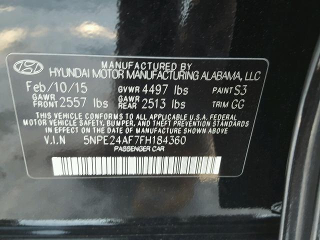 5NPE24AF7FH184360 - 2015 HYUNDAI SONATA SE BLACK photo 10