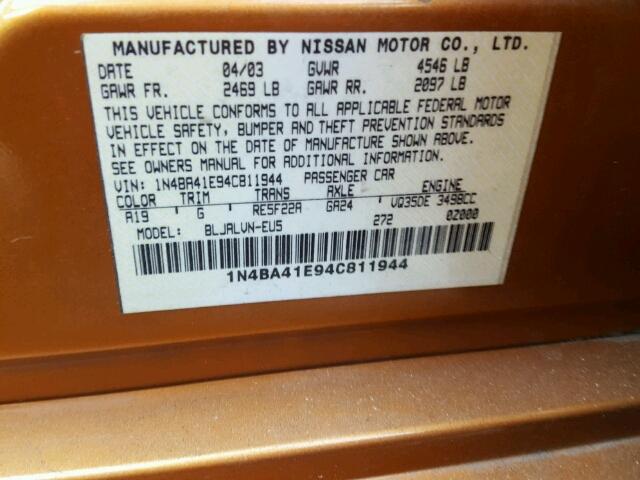 1N4BA41E94C811944 - 2004 NISSAN MAXIMA SE ORANGE photo 10