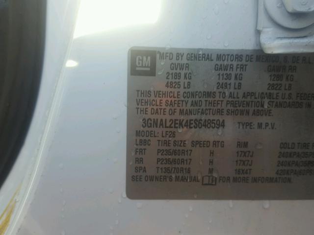 3GNAL2EK4ES648594 - 2014 CHEVROLET CAPTIVA LS 白色 照片 10