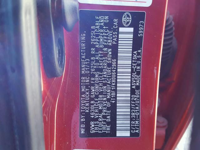 4T1BF1FK8DU642966 - 2013 TOYOTA CAMRY L RED photo 10