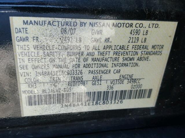 1N4BA41E18C803326 - 2008 NISSAN MAXIMA SE BLACK photo 10