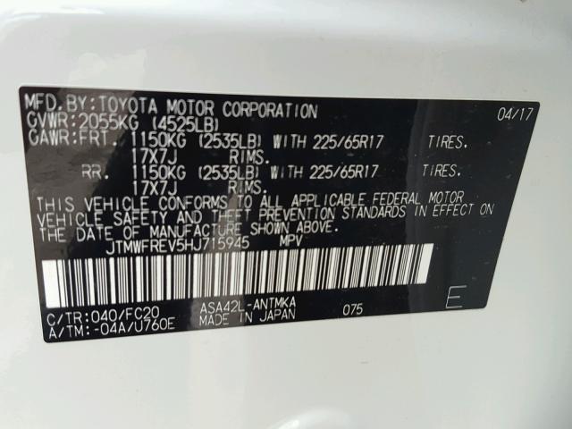 JTMWFREV5HJ715945 - 2017 TOYOTA RAV4 XLE WHITE photo 10