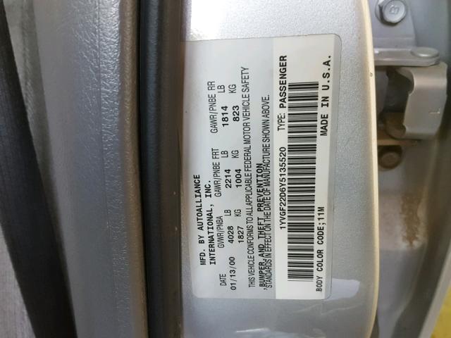 1YVGF22D6Y5135520 - 2000 MAZDA 626 SILVER photo 10