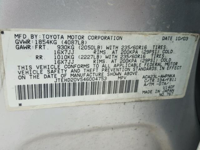 JTEHD20V546004753 - 2004 TOYOTA RAV4 SILVER photo 10