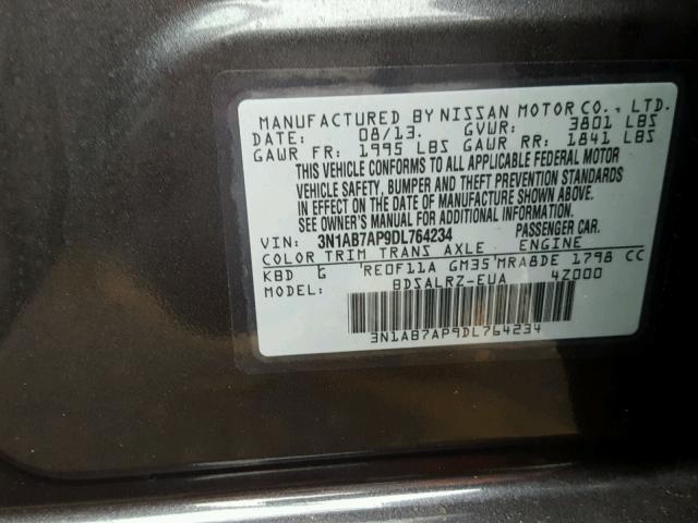 3N1AB7AP9DL764234 - 2013 NISSAN SENTRA S CHARCOAL photo 10