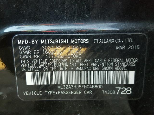 ML32A3HJ5FH046800 - 2015 MITSUBISHI MIRAGE DE BLACK photo 10