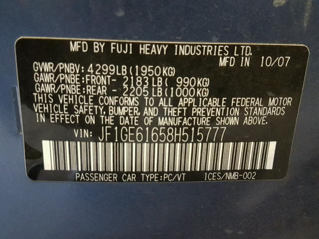 JF1GE61658H515777 - 2008 SUBARU IMPREZA BLUE photo 10