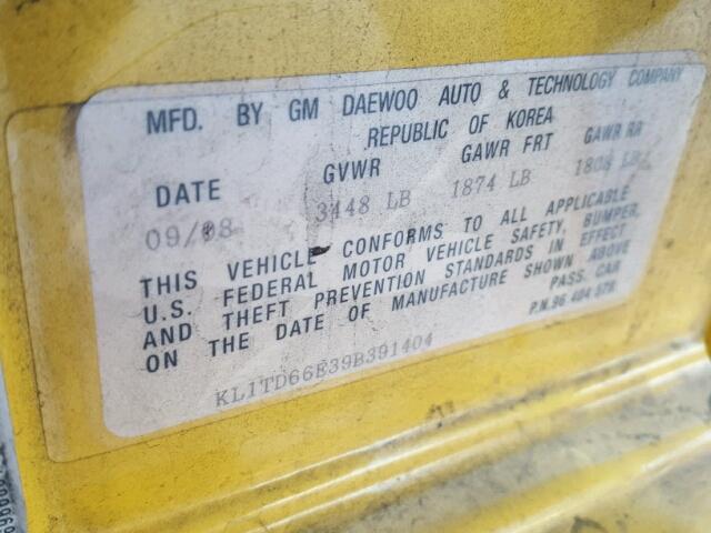 KL1TD66E39B391404 - 2009 CHEVROLET AVEO LS YELLOW photo 10