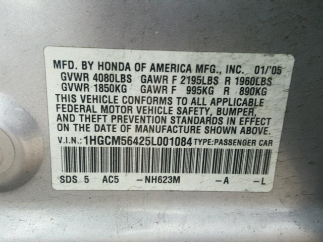 1HGCM56425L001084 - 2005 HONDA ACCORD LX SILVER photo 10