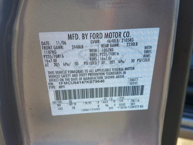 1FMCU94147KB79646 - 2007 FORD ESCAPE LIM BLUE photo 10