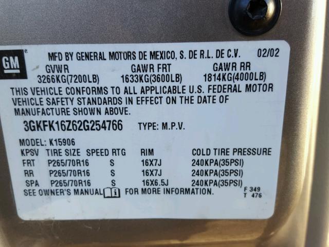 3GKFK16Z62G254766 - 2002 GMC YUKON XL K GRAY photo 10