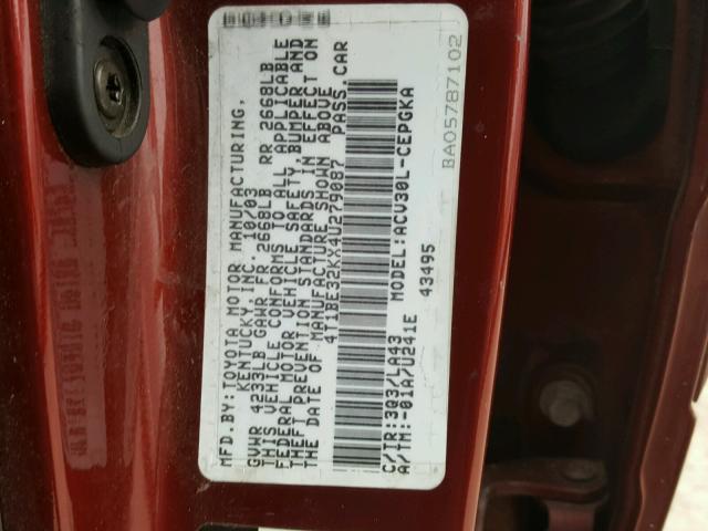 4T1BE32KX4U279087 - 2004 TOYOTA CAMRY LE RED photo 10