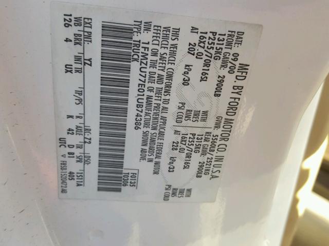 1FMZU77E01UB74386 - 2001 FORD EXPLORER S WHITE photo 10