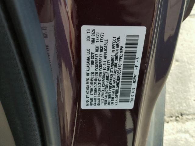 5FNRL5H63DB065470 - 2013 HONDA ODYSSEY EX MAROON photo 10