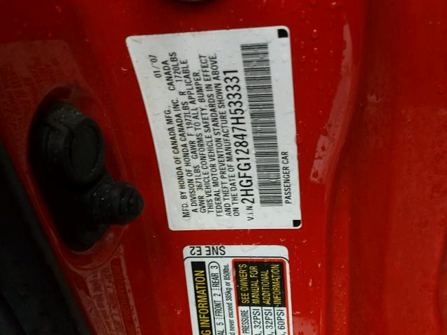 2HGFG12847H533331 - 2007 HONDA CIVIC EX წითელი ფოტო 10