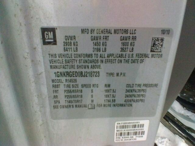 1GNKRGED0BJ218723 - 2011 CHEVROLET TRAVERSE L SILVER photo 10