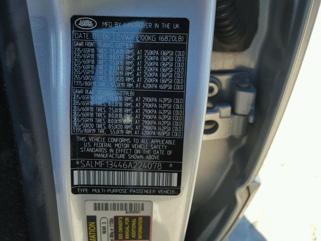 SALMF13446A224078 - 2006 LAND ROVER RANGE ROVE SILVER photo 10