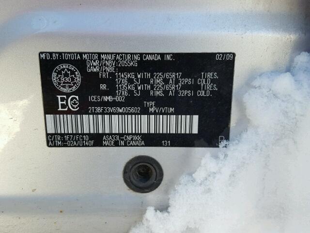 2T3BF33V69W005602 - 2009 TOYOTA RAV4 SILVER photo 10