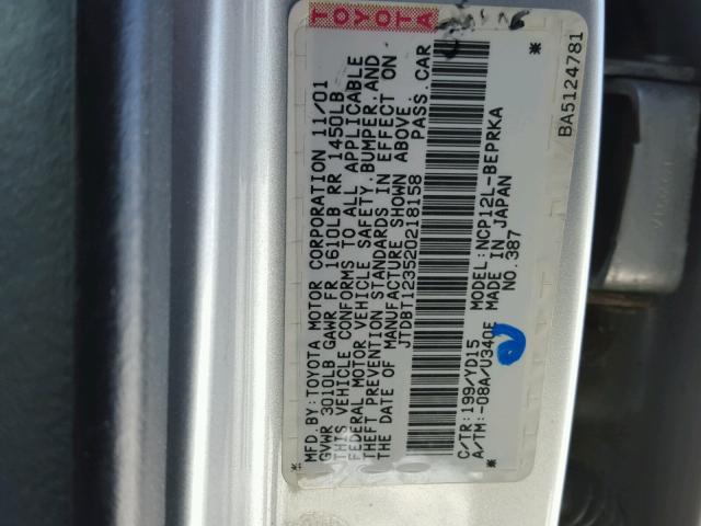 JTDBT123520218158 - 2002 TOYOTA ECHO SILVER photo 10