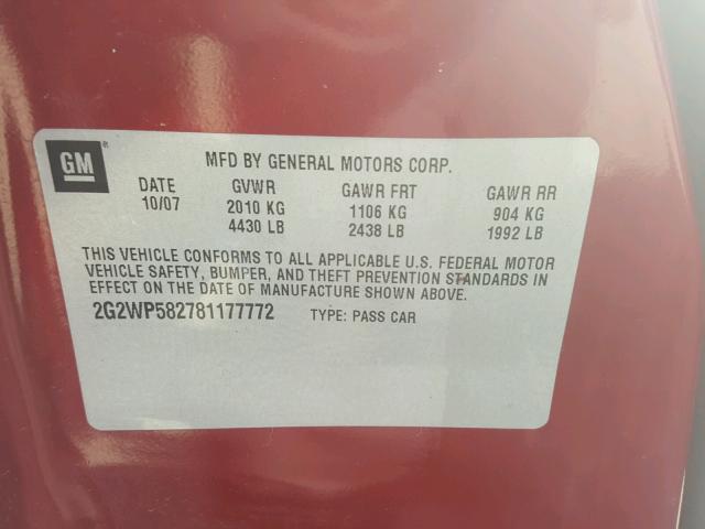 2G2WP582781177772 - 2008 PONTIAC GRAND PRIX RED photo 10