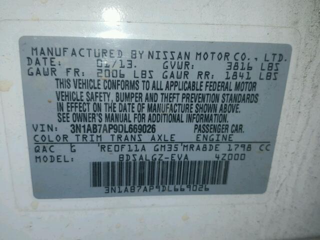 3N1AB7AP9DL669026 - 2013 NISSAN SENTRA S WHITE photo 10