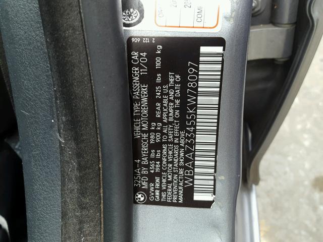 WBAAZ33455KW78097 - 2005 BMW 325 IS SUL GRAY photo 10