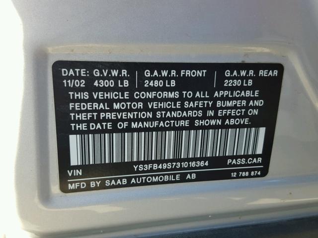 YS3FB49S731016364 - 2003 SAAB 9-3 LINEAR SILVER photo 10