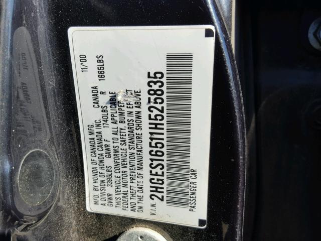 2HGES16511H525835 - 2001 HONDA CIVIC LX BLACK photo 10