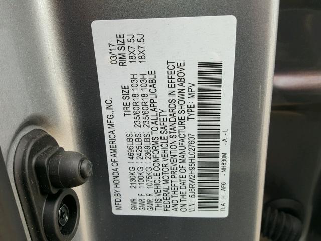 5J6RW2H95HL027607 - 2017 HONDA CR-V TOURI SILVER photo 10